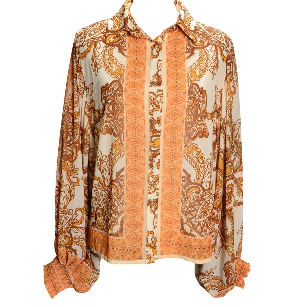 FLYING TOMATO Boho Paisley Button Up Blouse Sheer Flowy 70s Inspired Statement M